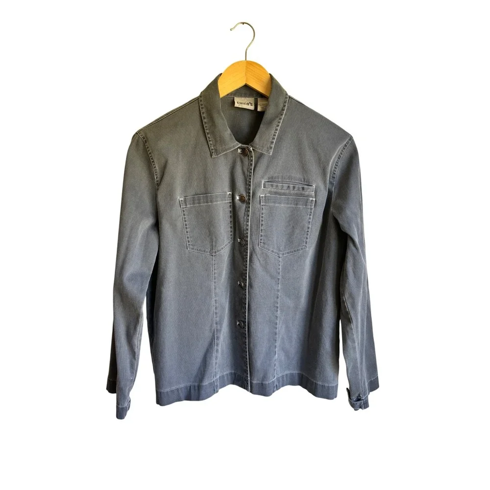 Chico's Women Gray Blue Ribbed Cotton Utility Shirt Jacket & Pant Set Size M